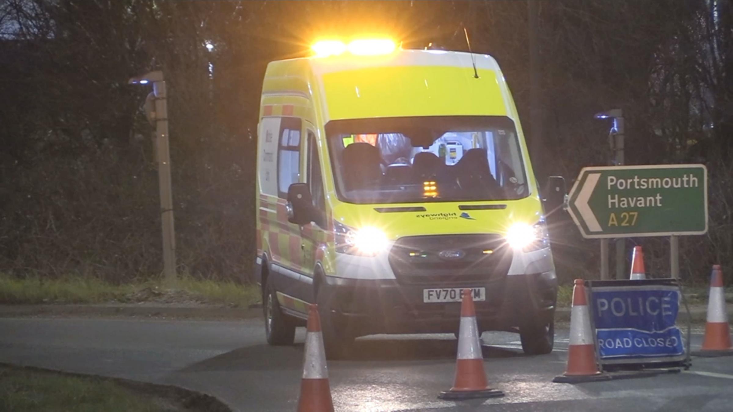 CAR INTO CENTRAL RESERVATION A27 BETWEEN CHICHESTER AND EMSWORTH - TWO RELEASED BEFORE POLICE ATTENDANCE - ONE FATALLY INJURED.