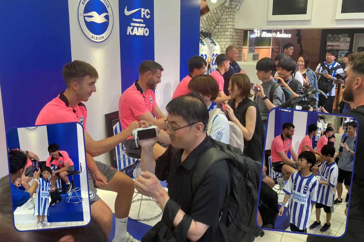 Kaoru Mitoma, James Milner and colleagues at Kamo Soccer Store, Tokyo